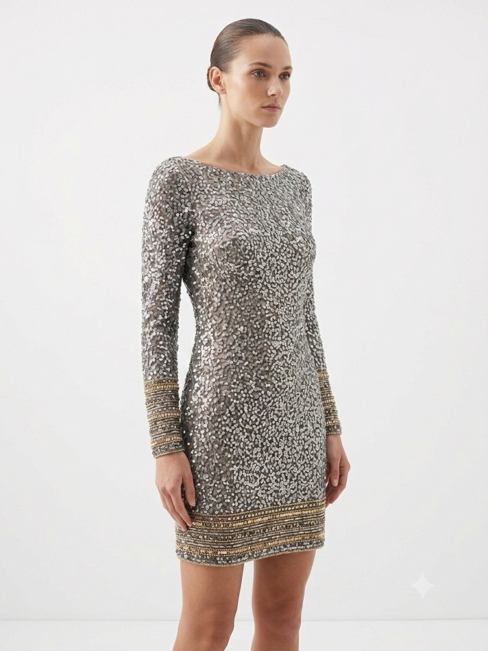 Camille La Vie Silver Sequin Long-Sleeve Mini Dress with Gold Trim